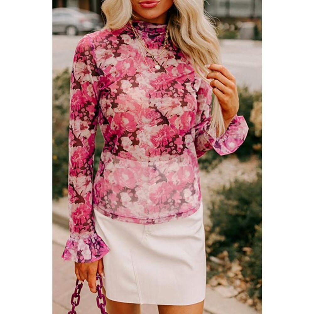Nwt Flora Pink Floral Print Sheer Mesh Longsleeve